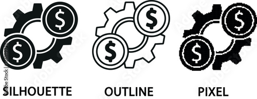 Minimalist vector illustration of a gear partially covered by two circular coins