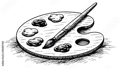 Hand drawn line art illustration of an artist's palette and paintbrush depicting dabs of paint for artistic creation