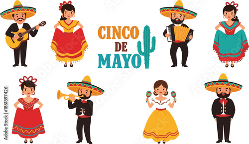 Cinco de Mayo celebration character set with Mexican mariachi musicians playing instruments and traditional dancers in colorful dresses with cactus icon