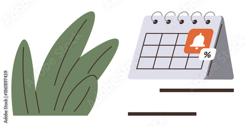 Leaf and calendar emphasize eco-friendly scheduling and event reminders. Ideal for planning, eco-lifestyle, organization, productivity, environment, reminders, deadlines. Simple flat metaphor