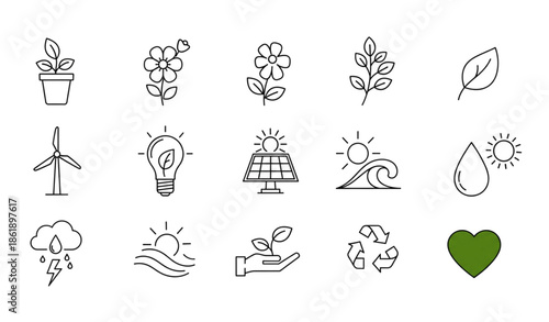 Black and white nature icons vector set with environmental and climate symbols isolated on white background