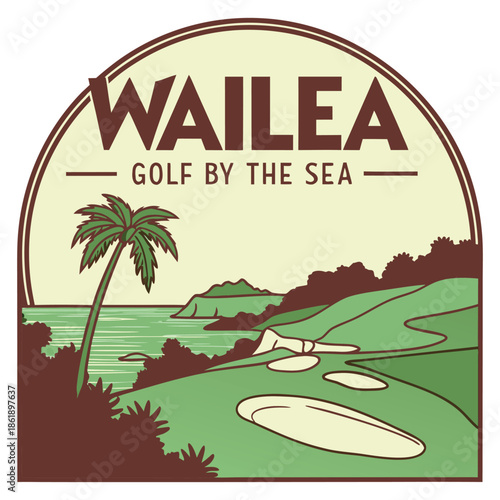 Wailea Hawaii golf course landscape vector illustration with sea view