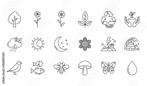 Minimal black and white nature symbol vector icons set with plant and environmental elements isolated on white background