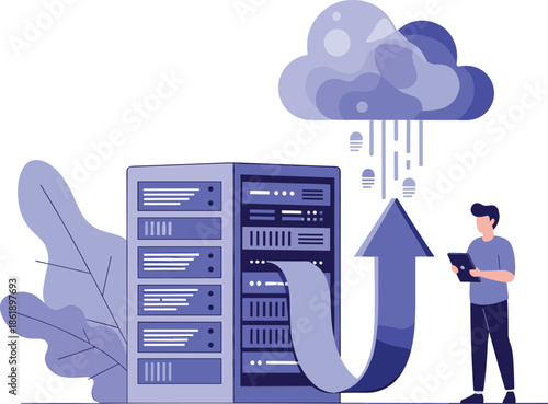 Cloud computing data upload illustration, server infrastructure with arrow, cloud storage technology concept for modern business solutions network