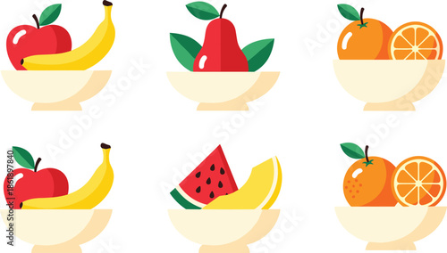 Fruit bowl illustration set, fresh healthy fruits apple banana pear orange watermelon isolated on white background