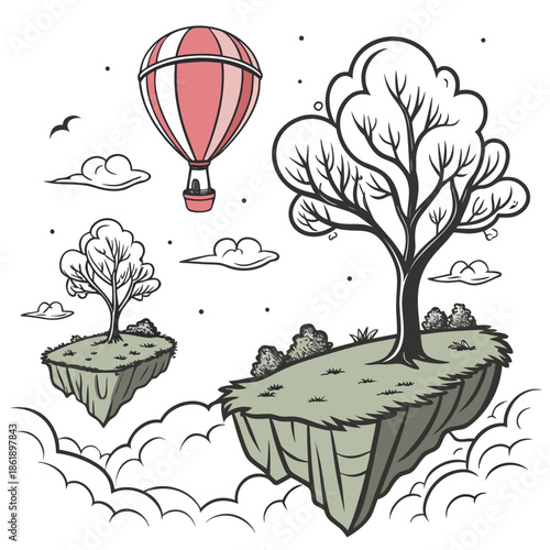 Fantasy World Illustration with Floating Sky Islands and Soft Clouds