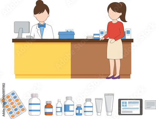Pharmacist helping customer at drugstore counter with medicine bottles, pills, and digital prescription system, flat vector