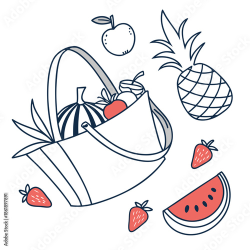 Stylized Food Illustration Featuring Fresh Fruits and Vegetables
