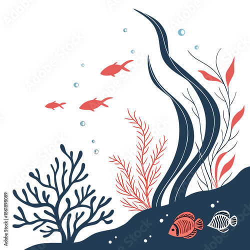 Underwater Fantasy Scene with Abstract Coral Reef and Colorful Fish