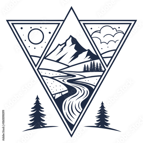 Abstract Nature Landscape with Geometric Mountains and Winding Rivers