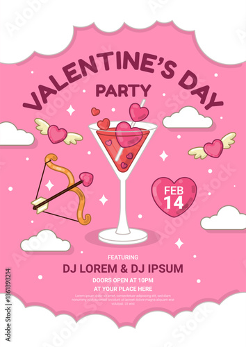 Valentine Night Celebration Poster with Cocktail and Cupid’s Arrow
