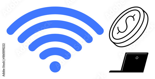 Digital payments, internet access, remote work, wireless communication, online transactions, e-commerce. Blue wireless icon, coin with dollar symbol laptop. Digital payments and internet access
