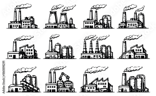 Hand drawn line art factory set featuring various industrial buildings with smoking chimneys for industrial production concepts