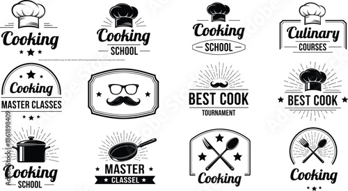 Cooking logo vector set with chef hats, utensils, pots and typography, culinary master classes and kitchen branding designs