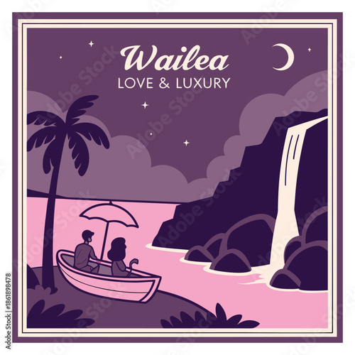 Romantic boat ride in Wailea Hawaii vintage night scene illustration