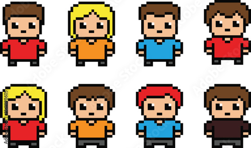 Pixel art character avatar set illustration, cute retro 8 bit people sprites isolated on white background, for games