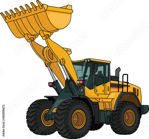 Yellow front-end loader, construction vehicle, heavy machinery, realistic vector, engineering equipment, rugged tires, hydraulic arms, industrial clipart, digger art