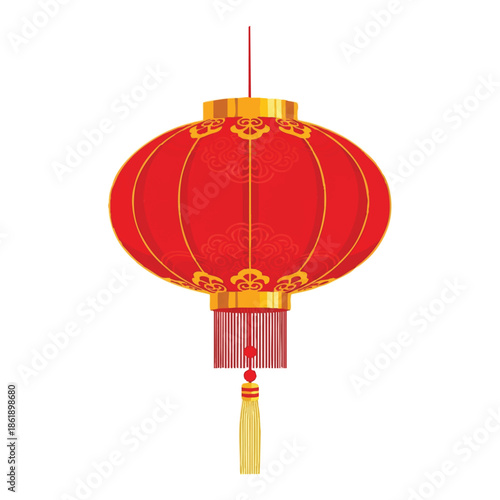 A vibrant red and gold Chinese lantern with a yellow tassel hangs against a clean white background, featuring a cute cartoon design.