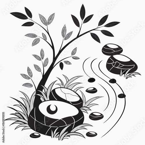 Abstract Nature Fusion Rocks Leaves and Water Concept