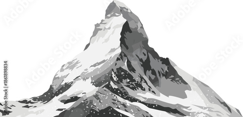 Snow covered mountain peak illustration, dramatic alpine landscape isolated on white background for adventure travel poster design artwork