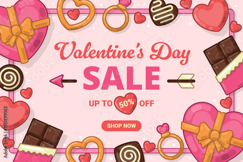 Valentine's Day Sale Promo Banner with chocolate, gift box, ring, and heart shape