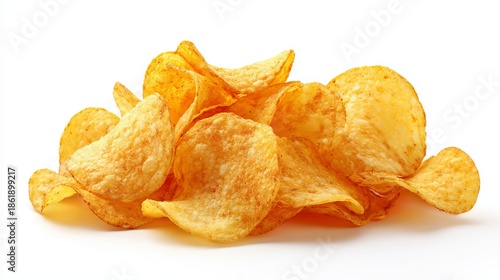 A pile of crispy golden potato chips on a white background