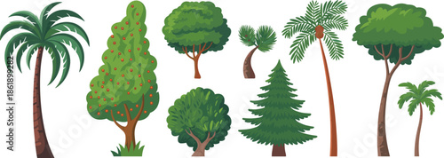 Tree illustration set, diverse foliage, palm, conifer, fruit tree, botanical design, vector trees, nature icons, trunk styles, landscape elements