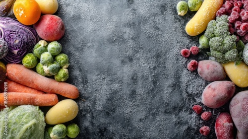 Colorful variety of fresh and frozen vegetables and fruits on dark background. © mila103