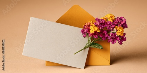 A blank gift card mockup (folded), opened to show the blank interior, with a small sprig of bright saffron and magenta lantana flowers