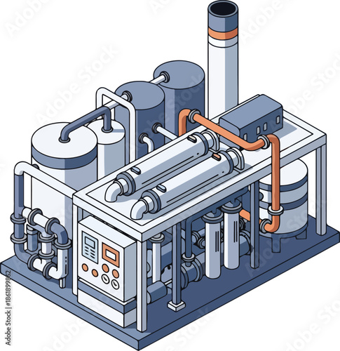 Isometric illustration of a modular water purification system with tanks and membrane housings