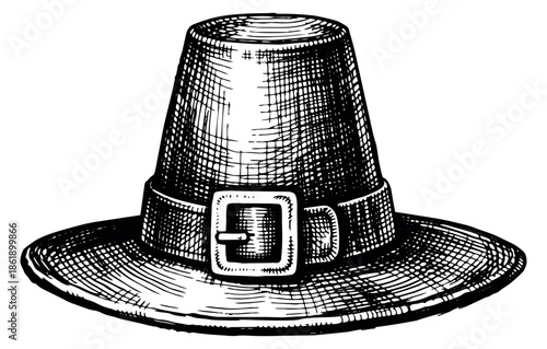 Hand drawn line art illustration of a pilgrim hat depicting historical headwear for thanksgiving celebrations
