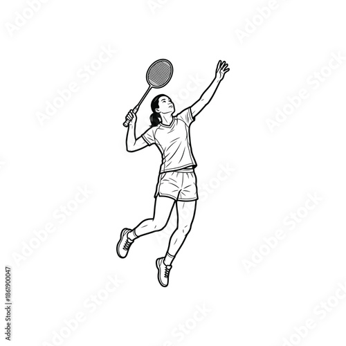 Female badminton player jumping smash action sportswoman hitting shuttlecock professional athlete line art illustration isolated on white background