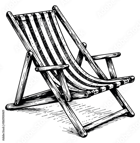Hand drawn line art illustration of a deck chair depicting a classic striped design for summer holidays