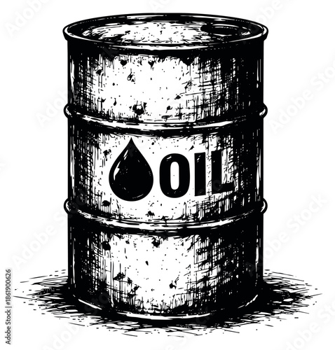 Hand drawn line art illustration of an oil barrel depicting oil and energy for industrial and environmental concepts