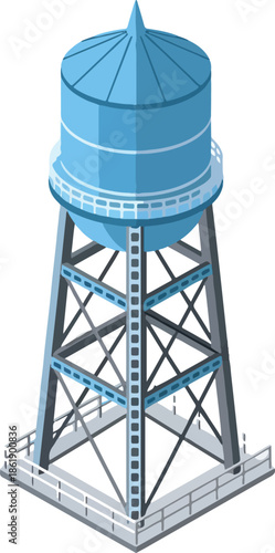 Isometric illustration of a tall light blue water tower with a conical roof and steel support structure