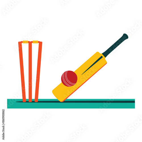 Cricket bat hits red ball near orange wickets