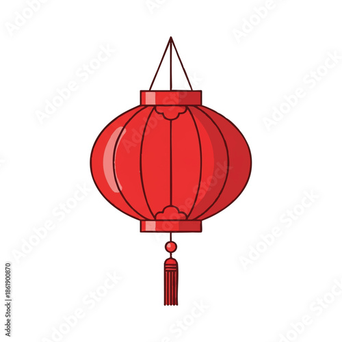 A vibrant red cartoon lantern with a simple, cute design and a tassel, hanging from a thin string against a clean white background.