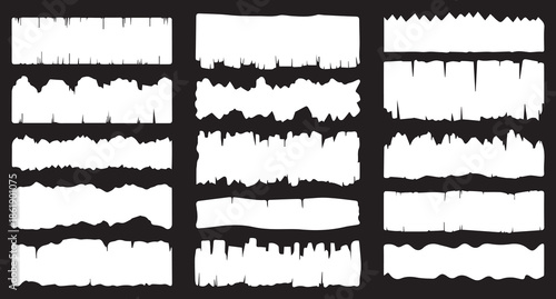 Set of grunge jagged rectangle shape. Black torn paper sheet for sticker, collage, banner. Vector illustration isolated on white background.