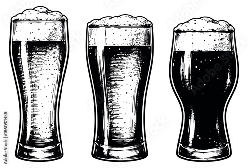 Hand drawn line art beer glass set featuring different styles of frothy beer glasses for bar and restaurant menus