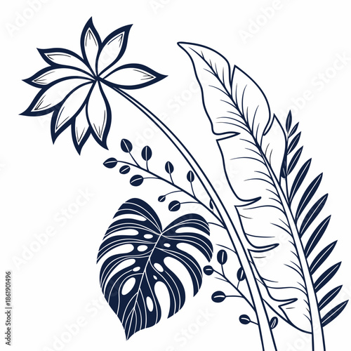 Tropical Botanical Illustration with Lush Exotic Leaves