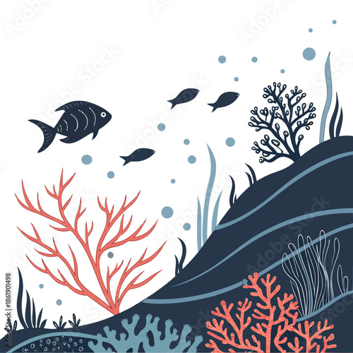 Underwater Fantasy Scene with Fish Coral and Fluid Shapes