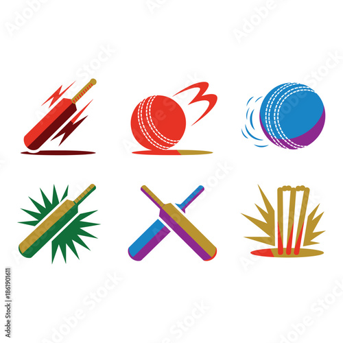 Cricket icons set with bat and ball