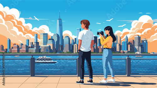 A vector illustration of a couple enjoying the cityscape view of New York City from a waterfront promenade