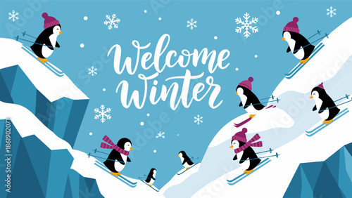 Cute penguins skiing down snow-covered mountains in a vibrant vector illustration welcoming the winter season