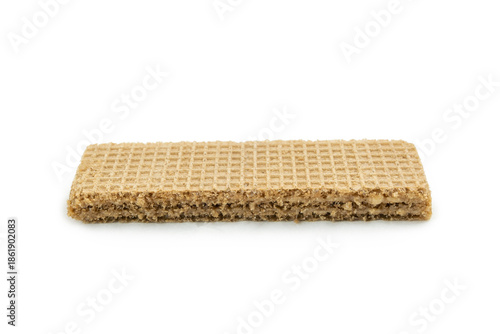 Single rectangular crispy wafer biscuit with chocolate cream filling isolated on white background. Close-up side view of a crunchy sweet snack.