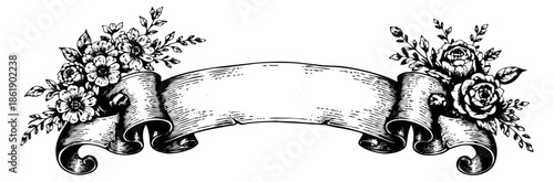 Vintage hand drawn illustration of a ribbon banner depicting ornate floral decoration for wedding invitations