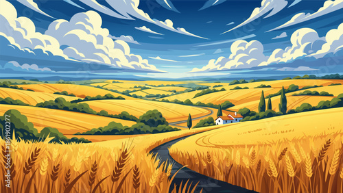 Vibrant Wheat Field Landscape Vector Illustration Under a Blue Sky with Fluffy Clouds
