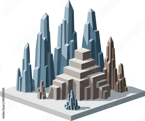 Isometric illustration of crystalline peaks and a stepped pyramid structure