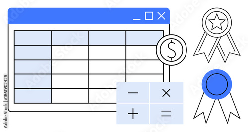 Financial planning, data analysis, achievement, business organization, resource management, productivity tools. A sheet with financial symbols and badges. Financial planning and data analysis