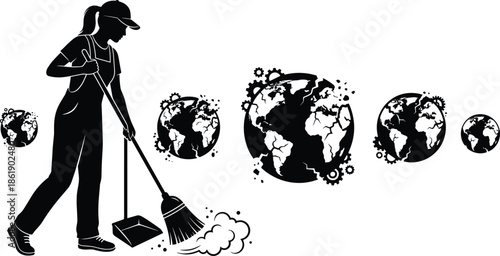Silhouette woman cleaning environment showing polluted to clean Earth transformation, eco sustainability concept, environmental protection, global warming awareness illustration